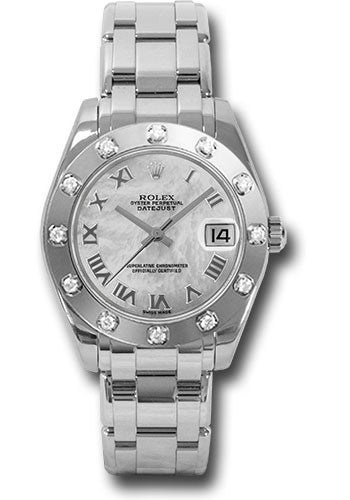 *Pre-Owned* Rolex White Gold Datejust Pearlmaster 34 Watch - 12 Diamond Bezel - White Mother-Of-Pearl Roman Dial