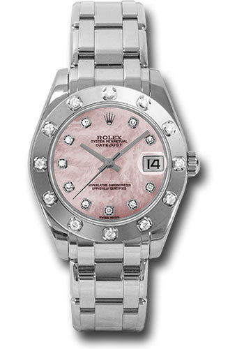 *Pre-Owned* Rolex White Gold Datejust Pearlmaster 34 Watch - 12 Diamond Bezel - Pink Mother-Of-Pearl Diamond Dial