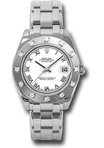 *Pre-Owned* Rolex White Gold Datejust Pearlmaster 34 Watch - 12 Diamond Bezel - White Roman Dial