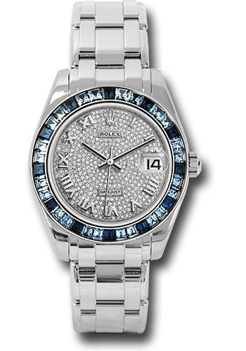 *Pre-Owned* Rolex White Gold Datejust Pearlmaster 34 Watch - 12 Blue And 24 Light-Blue Sapphire Baguettes Bezel - Diamond Paved Roman Dial