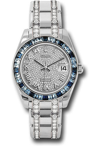 *Pre-Owned* Rolex White Gold Datejust Pearlmaster 34 Watch - 12 Blue And 24 Light-Blue Sapphire Baguettes Bezel - Diamond Paved Roman Dial
