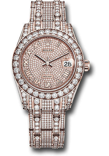 *Pre-Owned* Rolex Everose Gold Pearlmaster 34 Watch - Diamond Lugs - Diamond Bezel - Diamond-Paved Roman Dial - Diamond Pearlmaster Bracelet