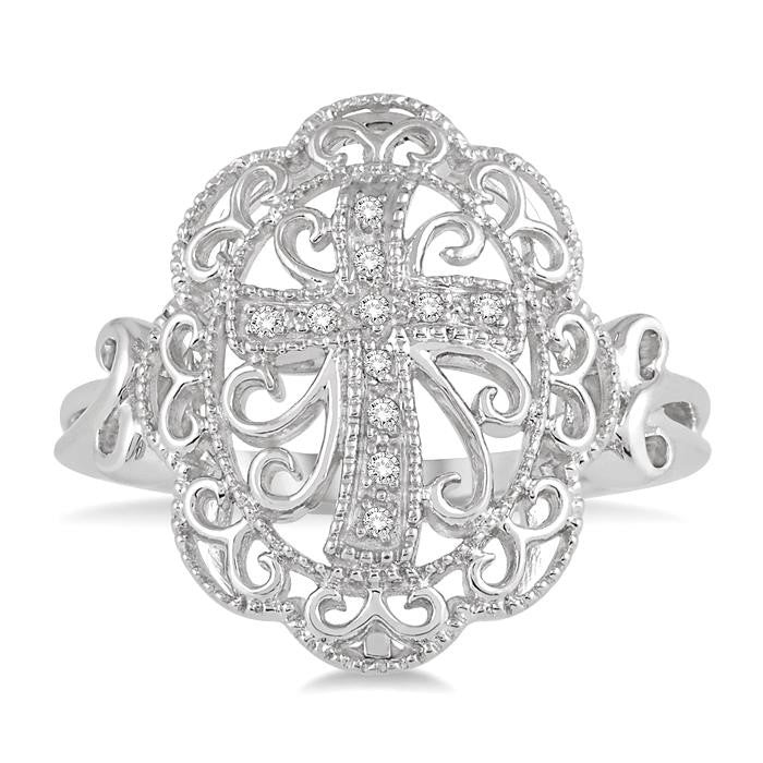 1/20 Ctw Round Cut Diamond Cross In Oval Ring in Sterling Silver
