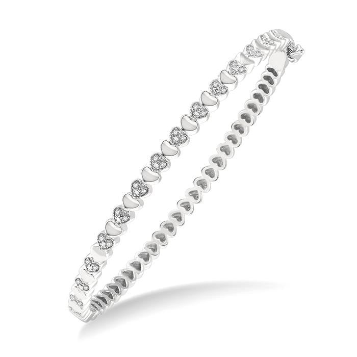 1/6 Ctw Puffed Heart Plain and Round Cut Diamond Bangle in Sterling Silver