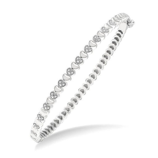1/6 Ctw Puffed Heart Plain and Round Cut Diamond Bangle in Sterling Silver