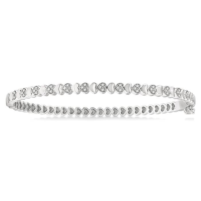 1/6 Ctw Puffed Heart Plain and Round Cut Diamond Bangle in Sterling Silver