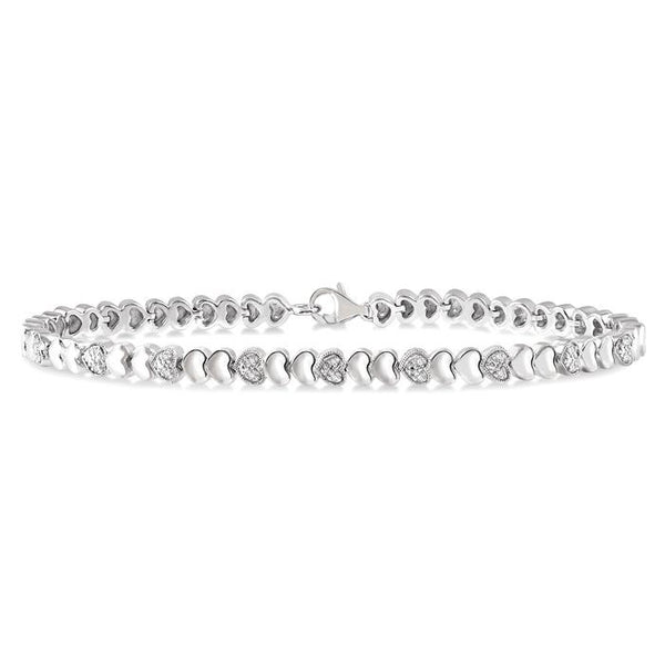1/6 Ctw Puffed Heart Plain and Round Cut Diamond Fashion Bracelet in Sterling Silver