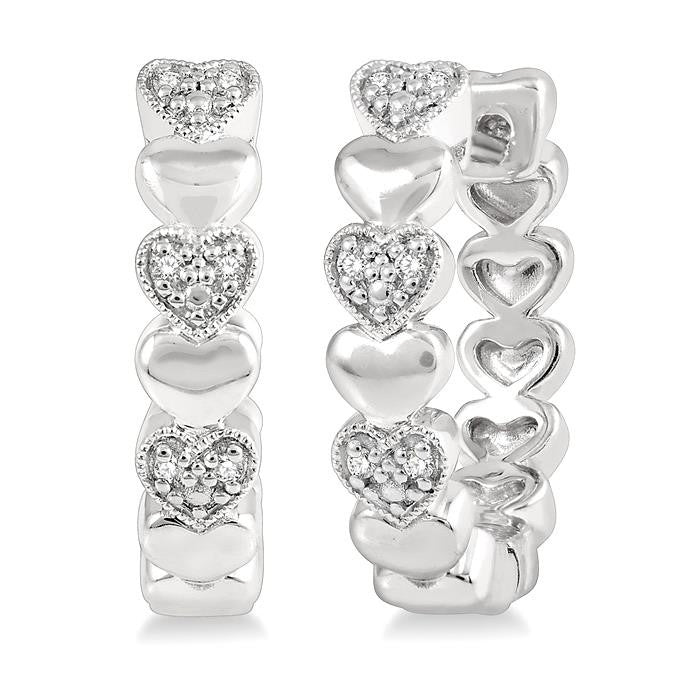 1/20 Ctw Mini Hearts Round Cut Diamond Hoop Earrings in Sterling Silver