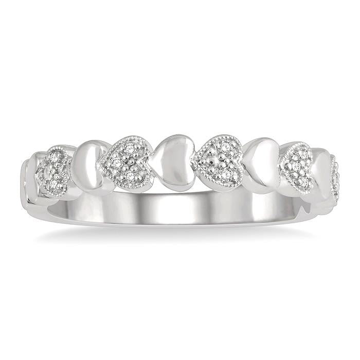 1/20 Ctw Mini Hearts Round Cut Diamond Fashion Band in Sterling Silver
