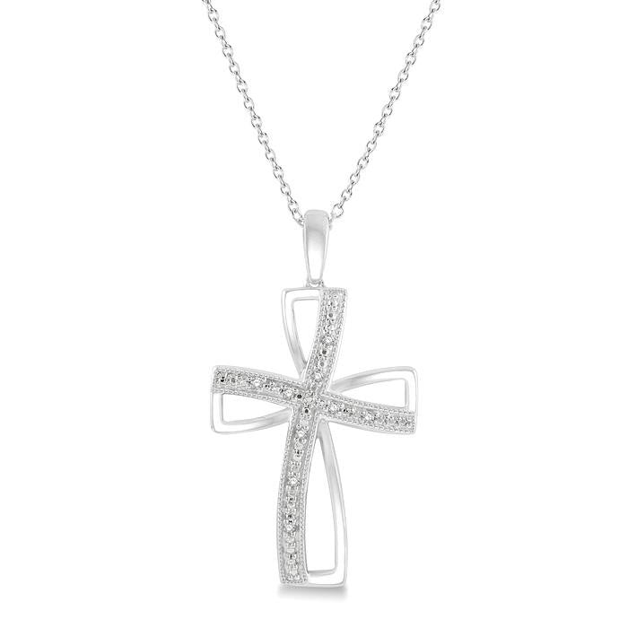 1/50 Ctw Cross Charm Round Cut Diamond Pendant With Chain in Sterling Silver