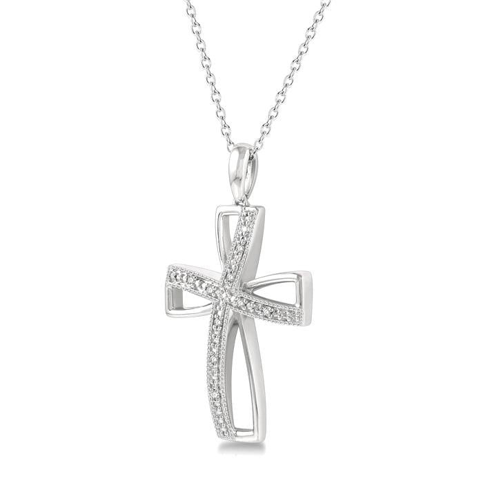 1/50 Ctw Cross Charm Round Cut Diamond Pendant With Chain in Sterling Silver