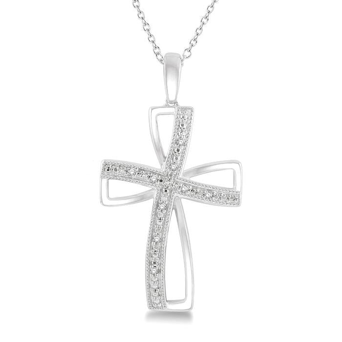 1/50 Ctw Cross Charm Round Cut Diamond Pendant With Chain in Sterling Silver