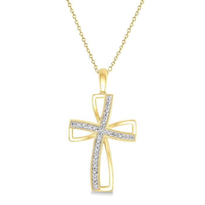 1/50 Ctw Cross Charm Round Cut Diamond Pendant With Chain in Yellow Gold Vermeil