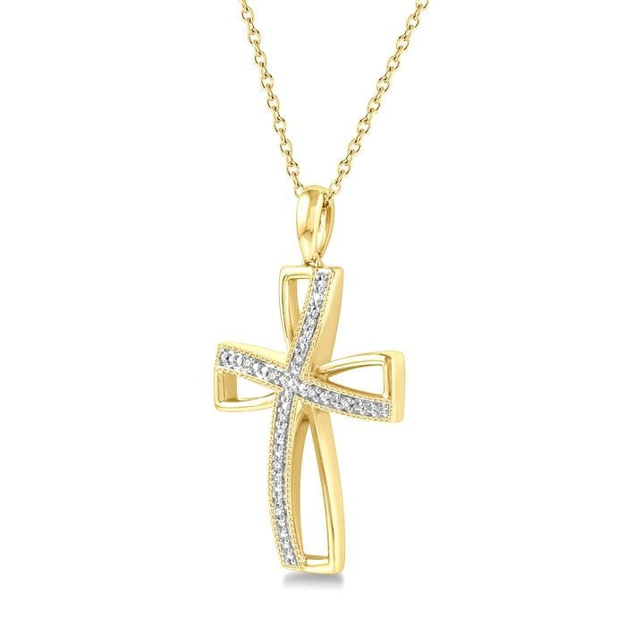 1/50 Ctw Cross Charm Round Cut Diamond Pendant With Chain in Yellow Gold Vermeil