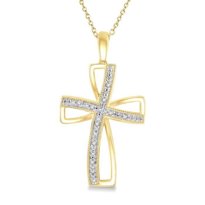 1/50 Ctw Cross Charm Round Cut Diamond Pendant With Chain in Yellow Gold Vermeil