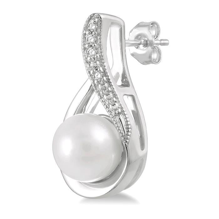Silver Pearl & Diamond Earrings