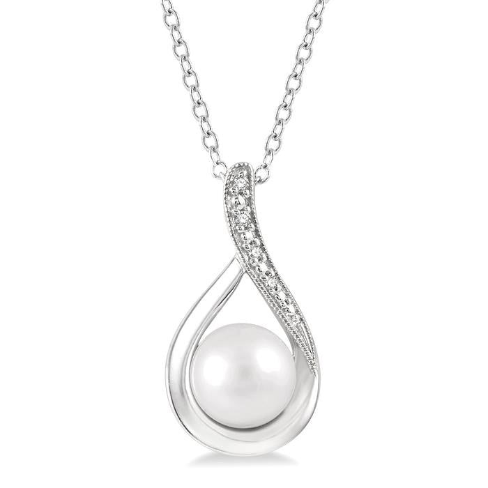 7x7 MM Drop Shape Cultured Pearl and 1/50 Ctw Round Cut Diamond Pendant With Chain in Sterling Silver