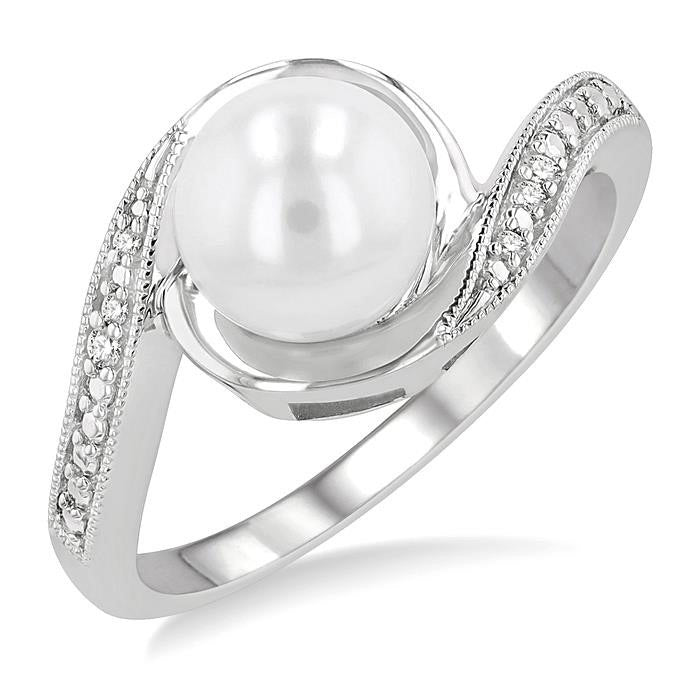 7x7 MM Round Shape Cultured Pearl and 1/50 Ctw Bypass Round Cut Diamond Ring in Sterling Silver