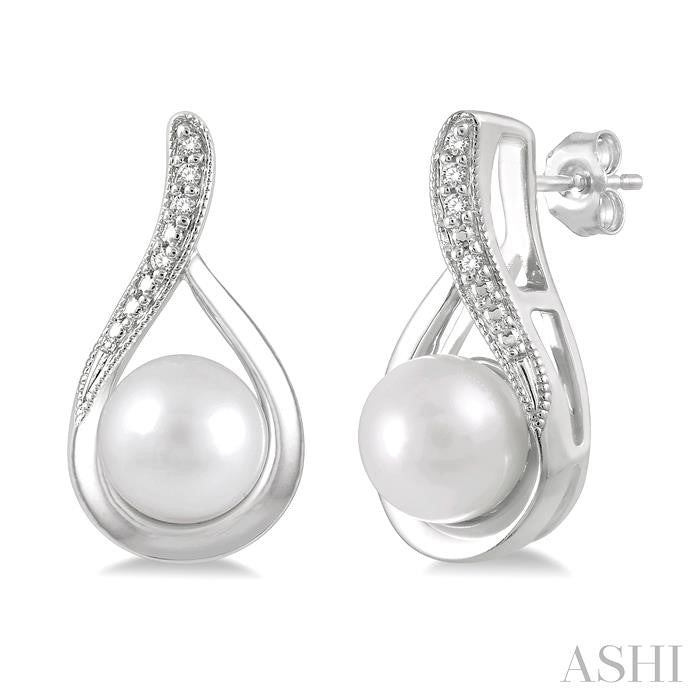 6x6 MM Drop Shape Cultured Pearls and 1/50 Ctw Round Cut Diamond Earrings in Sterling Silver