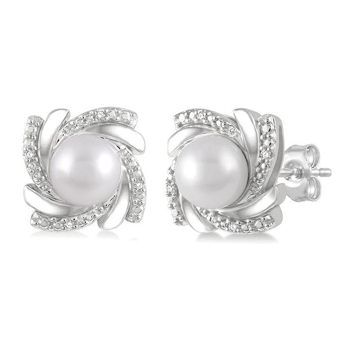 Silver Pearl & Diamond Earrings