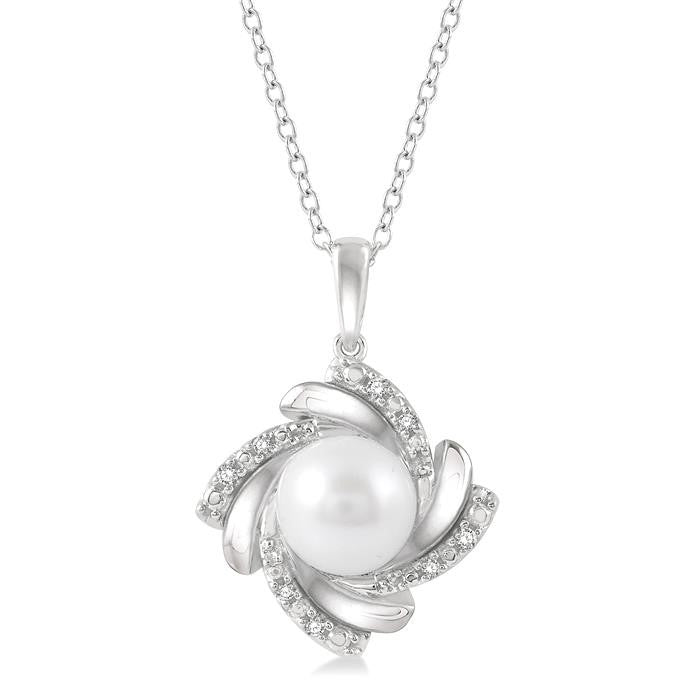 7x7 MM Round Shape Cultured Pearl and 1/50 Ctw Swirl Round Cut Diamond Pendant With Chain in Sterling Silver