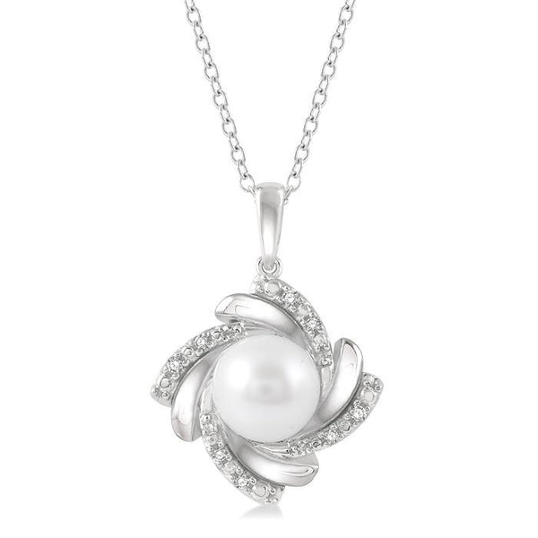 7x7 MM Round Shape Cultured Pearl and 1/50 Ctw Swirl Round Cut Diamond Pendant With Chain in Sterling Silver
