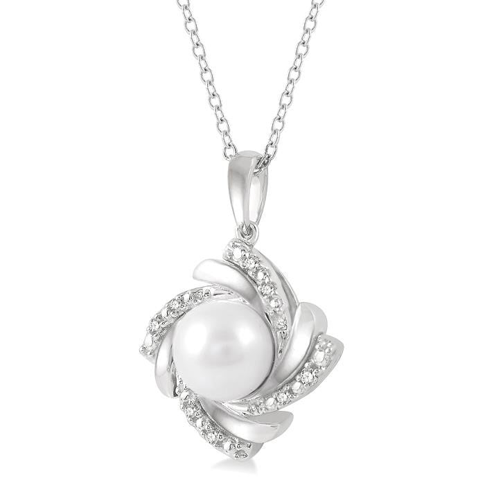 7x7 MM Round Shape Cultured Pearl and 1/50 Ctw Swirl Round Cut Diamond Pendant With Chain in Sterling Silver