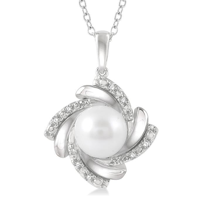 7x7 MM Round Shape Cultured Pearl and 1/50 Ctw Swirl Round Cut Diamond Pendant With Chain in Sterling Silver