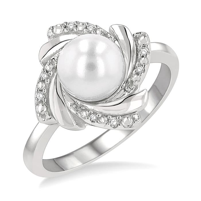 7x7 MM Round Shape Cultured Pearl and 1/50 Ctw Swirl Round Cut Diamond Ring in Sterling Silver
