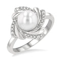 7x7 MM Round Shape Cultured Pearl and 1/50 Ctw Swirl Round Cut Diamond Ring in Sterling Silver