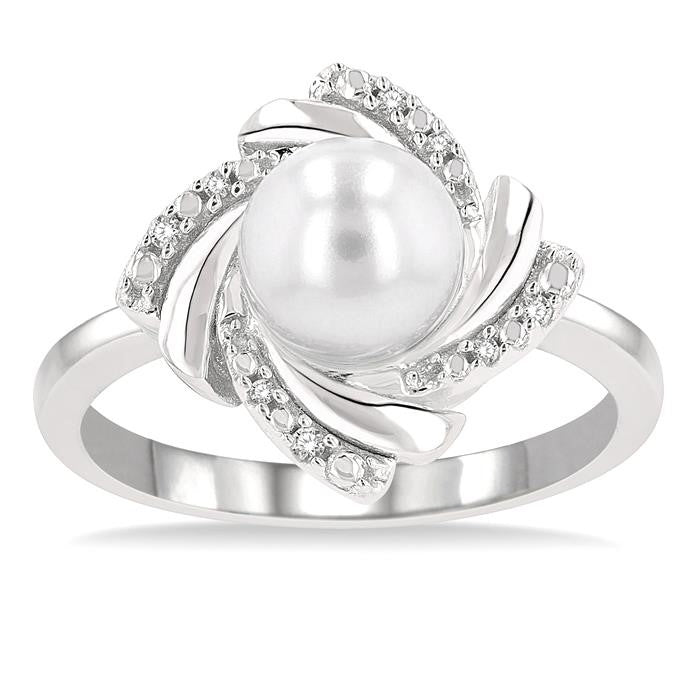 7x7 MM Round Shape Cultured Pearl and 1/50 Ctw Swirl Round Cut Diamond Ring in Sterling Silver