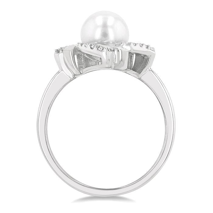 7x7 MM Round Shape Cultured Pearl and 1/50 Ctw Swirl Round Cut Diamond Ring in Sterling Silver