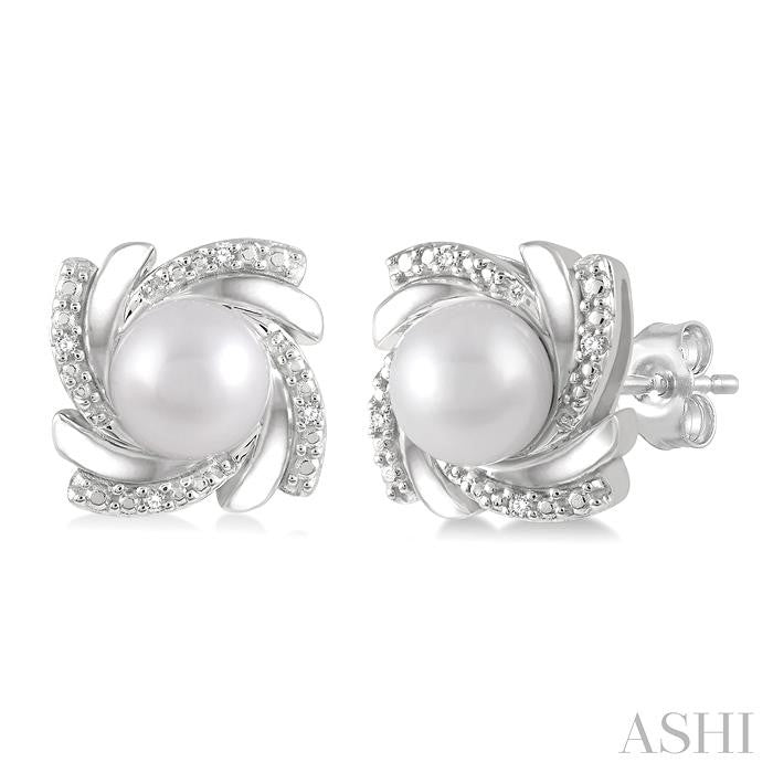 6x6 MM Round Shape Cultured Pearls and 1/50 Ctw Swirl Round Cut Diamond Earrings in Sterling Silver
