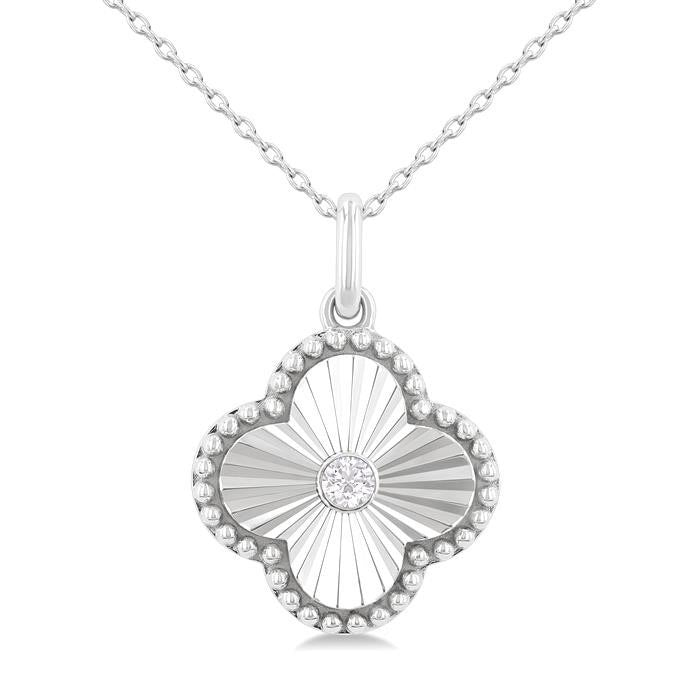Silver Clover Fluted Medallion Petite Diamond Fashion Pendant