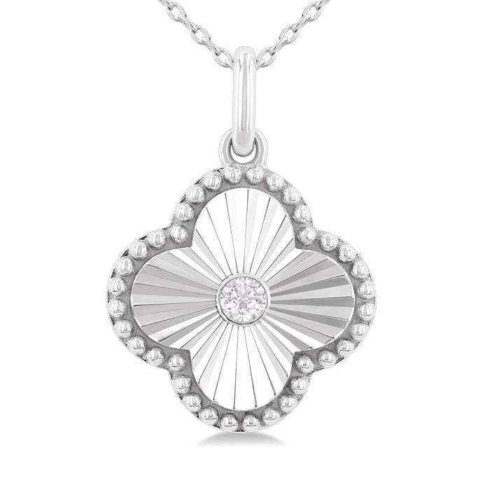 Silver Clover Fluted Medallion Petite Diamond Fashion Pendant