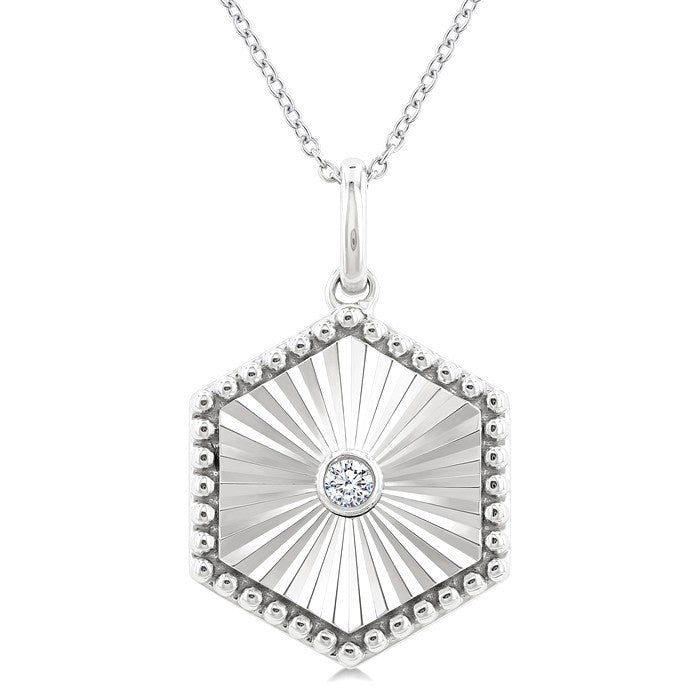 1/20 Ctw Hexagon fluted medallion Round Cut Diamond Pirouette Pendant With Chain in Sterling Silver
