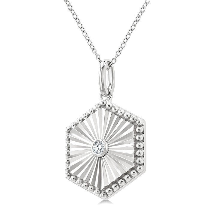1/20 Ctw Hexagon fluted medallion Round Cut Diamond Pirouette Pendant With Chain in Sterling Silver