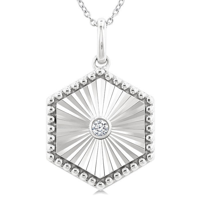 1/20 Ctw Hexagon fluted medallion Round Cut Diamond Pirouette Pendant With Chain in Sterling Silver
