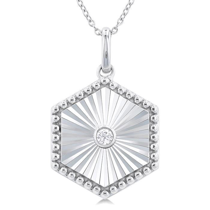 Silver Hexagon Shape Fluted Medallion Diamond Pendant