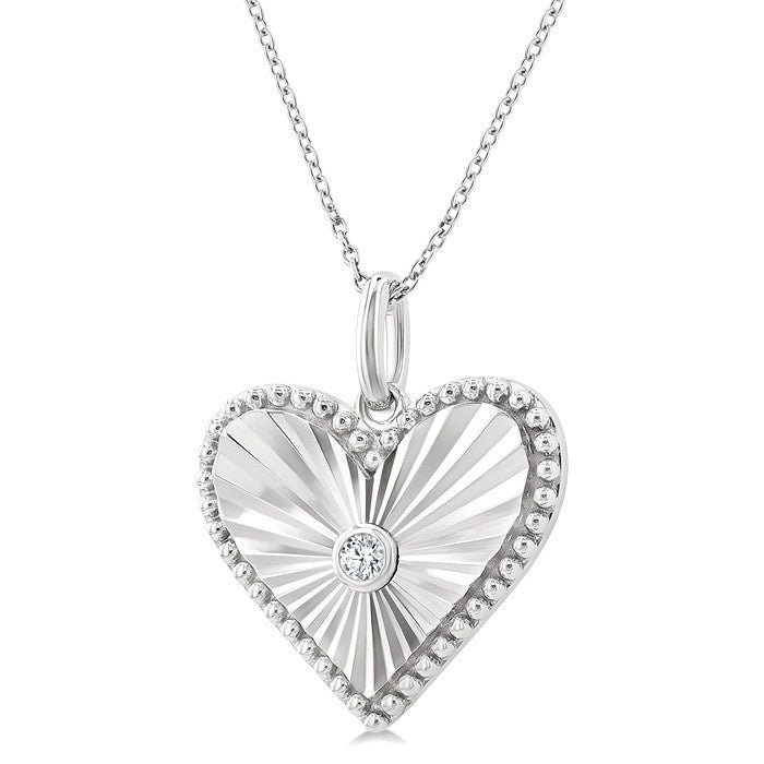 1/20 Ctw Heart fluted medallion Round Cut Diamond Pirouette Pendant With Chain in Sterling Silver