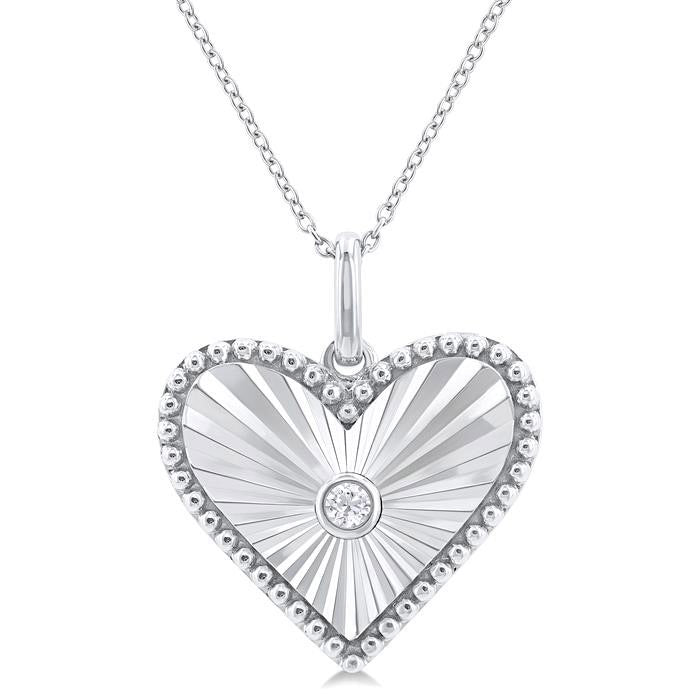 Silver Heart Shape Fluted Medallion Diamond Pendant