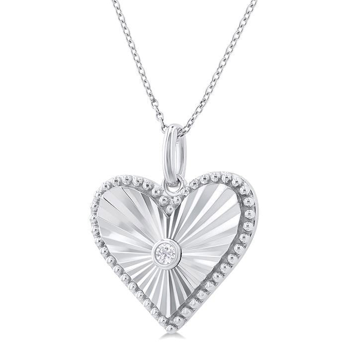 Silver Heart Shape Fluted Medallion Diamond Pendant