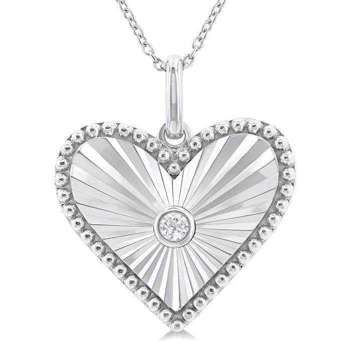 Silver Heart Shape Fluted Medallion Diamond Pendant