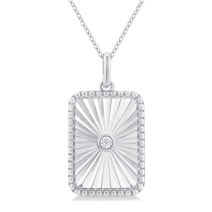 1/20 Ctw Rectangle fluted medallion Round Cut Diamond Pirouette Pendant With Chain in Sterling Silver