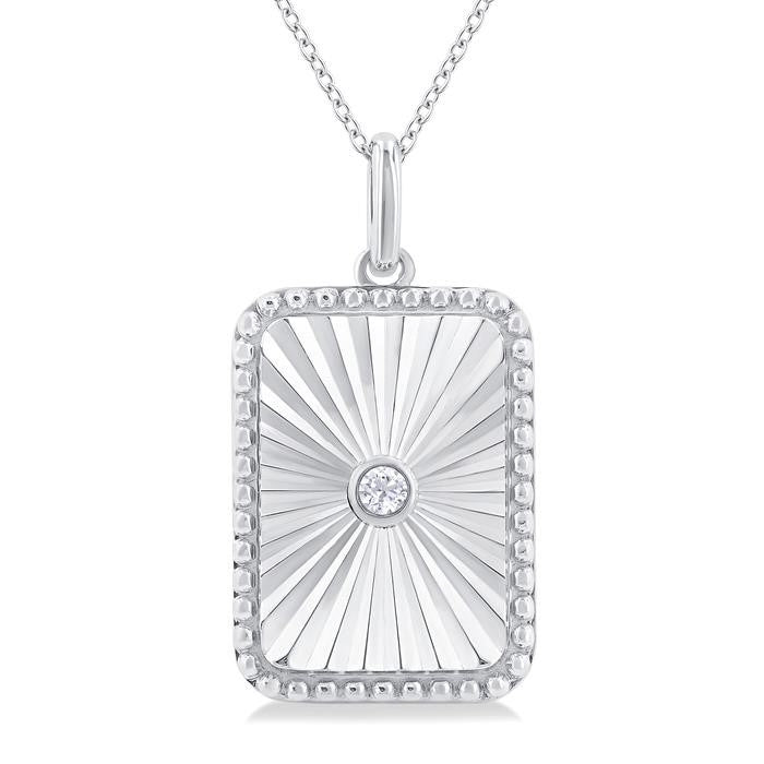 1/20 Ctw Rectangle fluted medallion Round Cut Diamond Pirouette Pendant With Chain in Sterling Silver