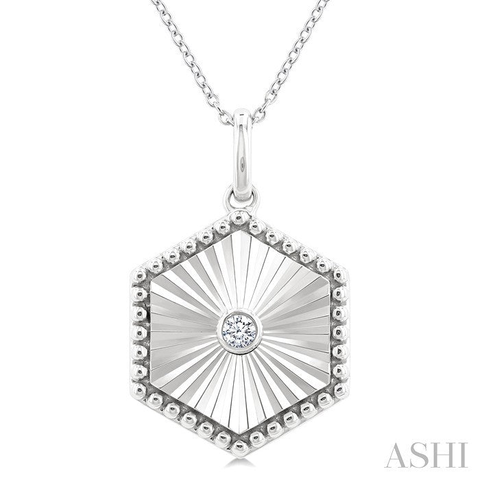 1/20 Ctw Hexagon fluted medallion Round Cut Diamond Pirouette Pendant With Chain in Sterling Silver