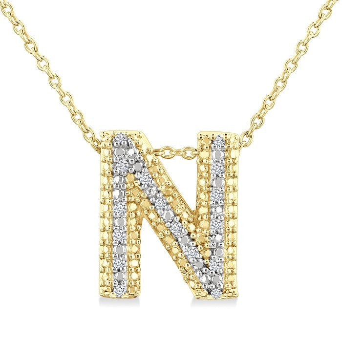1/20 Ctw Bubble Accent Initial 'N' Round Cut Diamond Fashion Pendant With Chain in Yellow Gold Vermeil