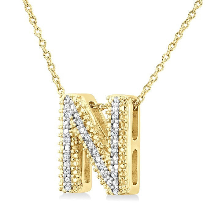 1/20 Ctw Bubble Accent Initial 'N' Round Cut Diamond Fashion Pendant With Chain in Yellow Gold Vermeil