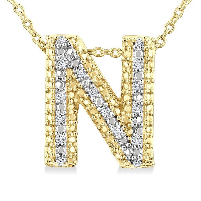 1/20 Ctw Bubble Accent Initial 'N' Round Cut Diamond Fashion Pendant With Chain in Yellow Gold Vermeil