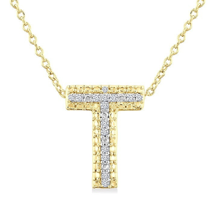 1/20 Ctw Bubble Accent Initial 'T' Round Cut Diamond Fashion Pendant With Chain in Yellow Gold Vermeil